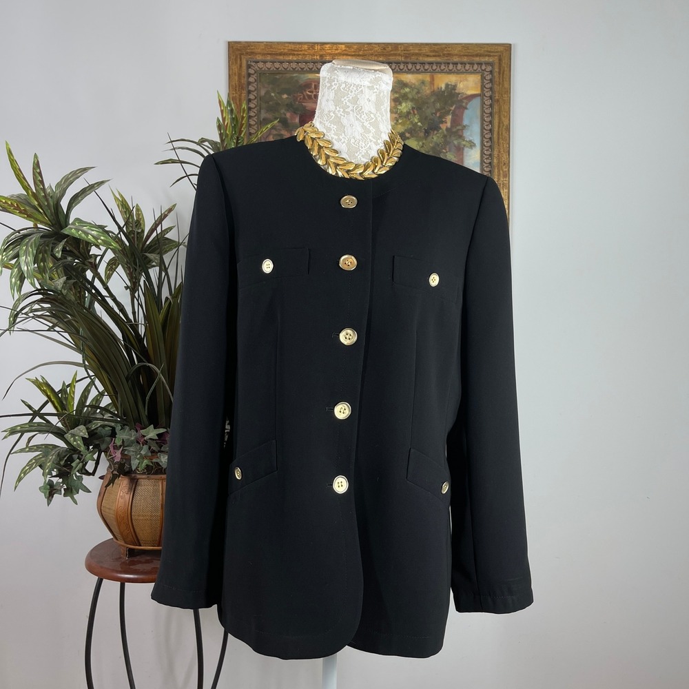 Kasper Collarless Blazer Jacket Women 14 Black Polyester Gold Button Military